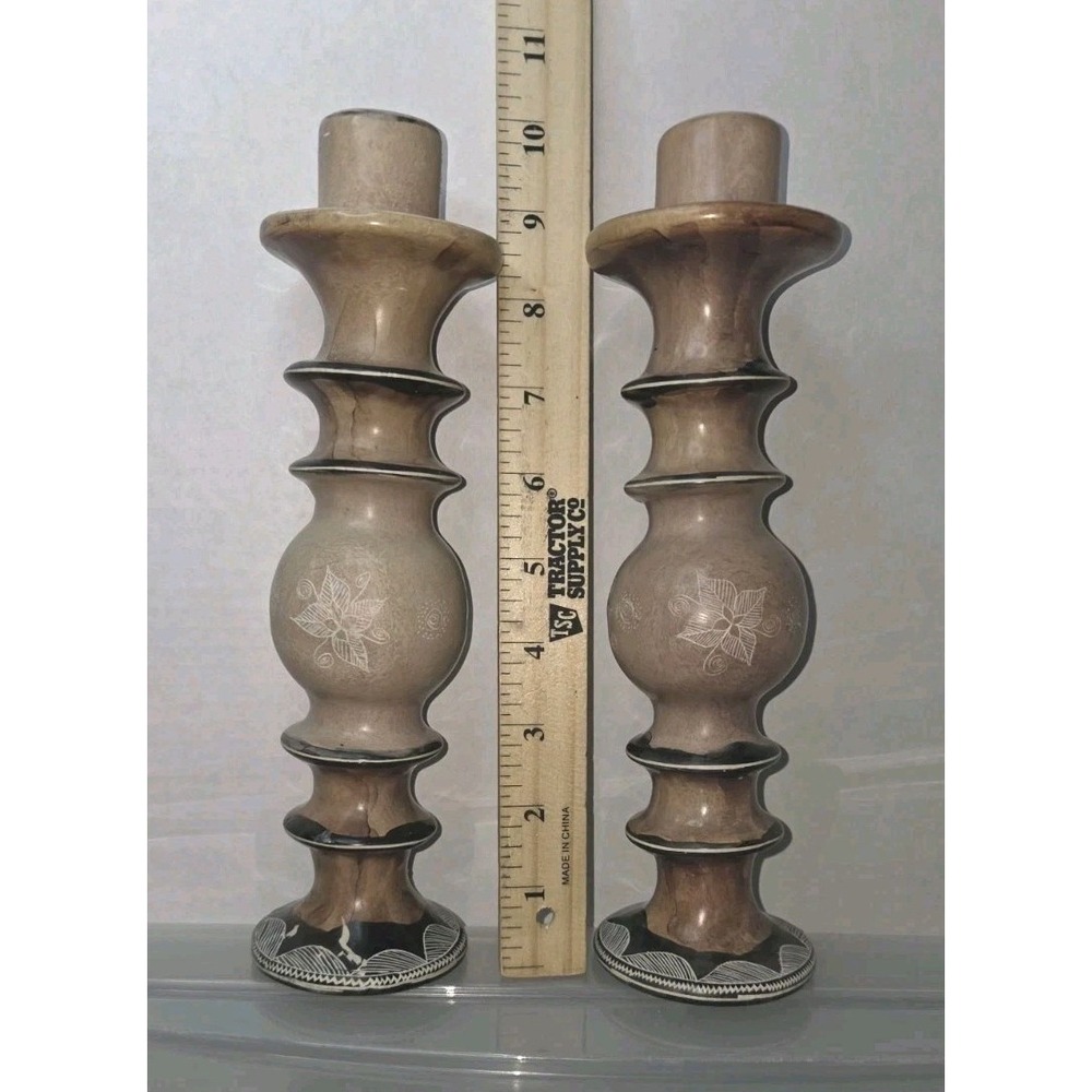 Vintage Hand Painted African Style Stone Candle Holders Set of 2 Kenya Brown
